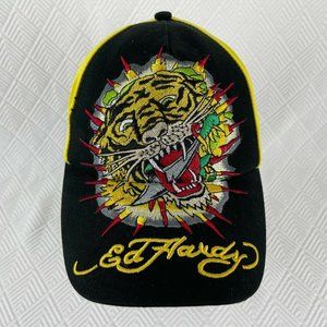 Ed Hardy Kids Baseball Cap Black Yellow Embroidered Roaring Tiger Strap-back Hat